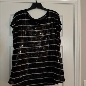 Lane Bryant Black and White Striped Sequin Short Sleeve Blouse